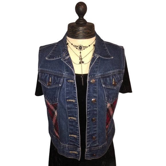 Upcycled Red Plaid Stars Rocker Punk Denim Vest - Picture 6 of 13